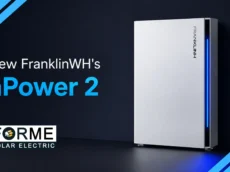 The sleek silver FranklinWH aPower 2 battery is displayed upright on a dark background with “New FranklinWH’s aPower 2” and “FORME Solar Electric” text on the left, highlighting an ideal energy solution for homeowners in Southern California.