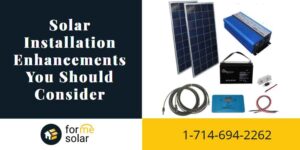 Promotional image for solar installation enhancements featuring solar energy panels, battery storage, cables, and a contact number.