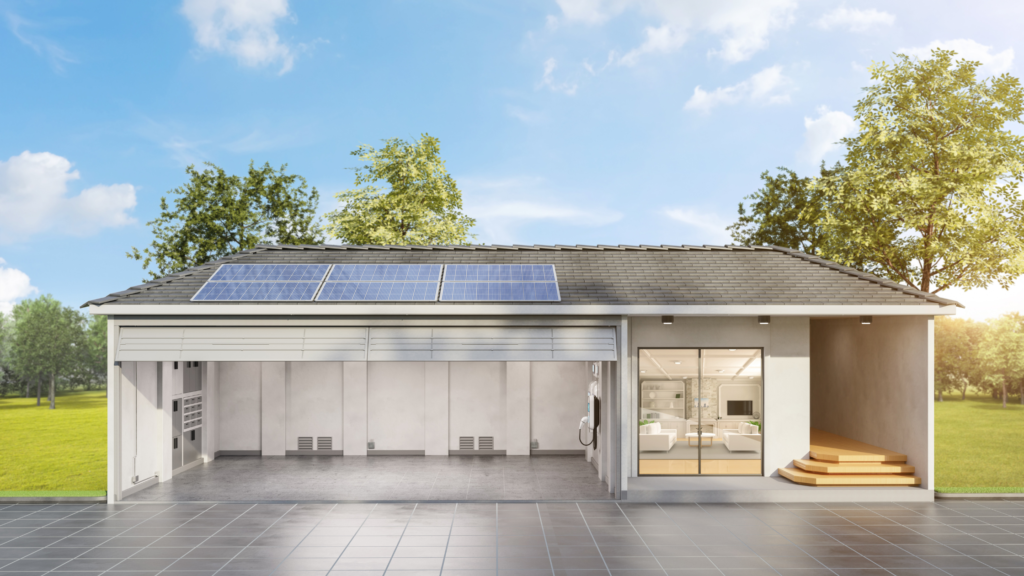 A house with solar panels on the roof maximizing savings through battery storage technology tax credit.