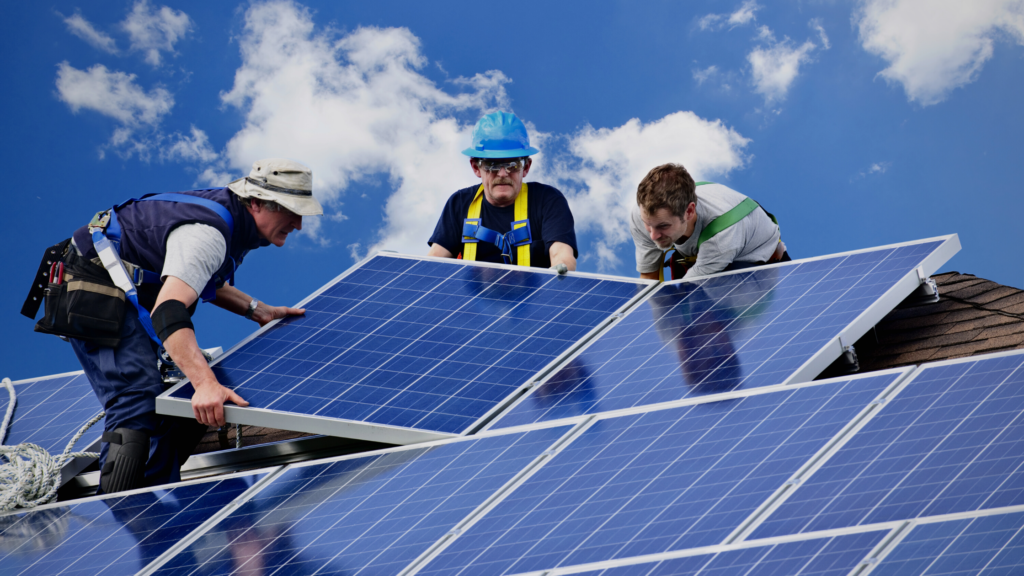 Three men working on solar panels on a roof, exploring solar and financial incentives in 2023.