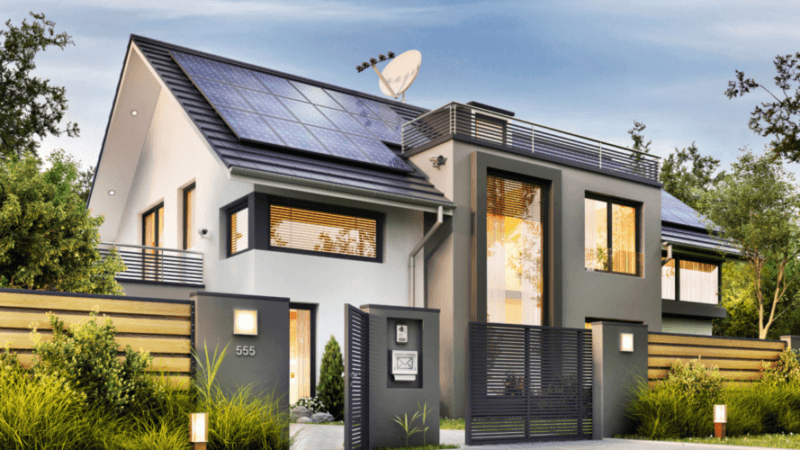 A solar panel system integrated onto the roof of a house.