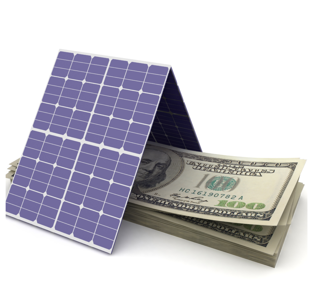 A stack of bills topped with a solar panel.
