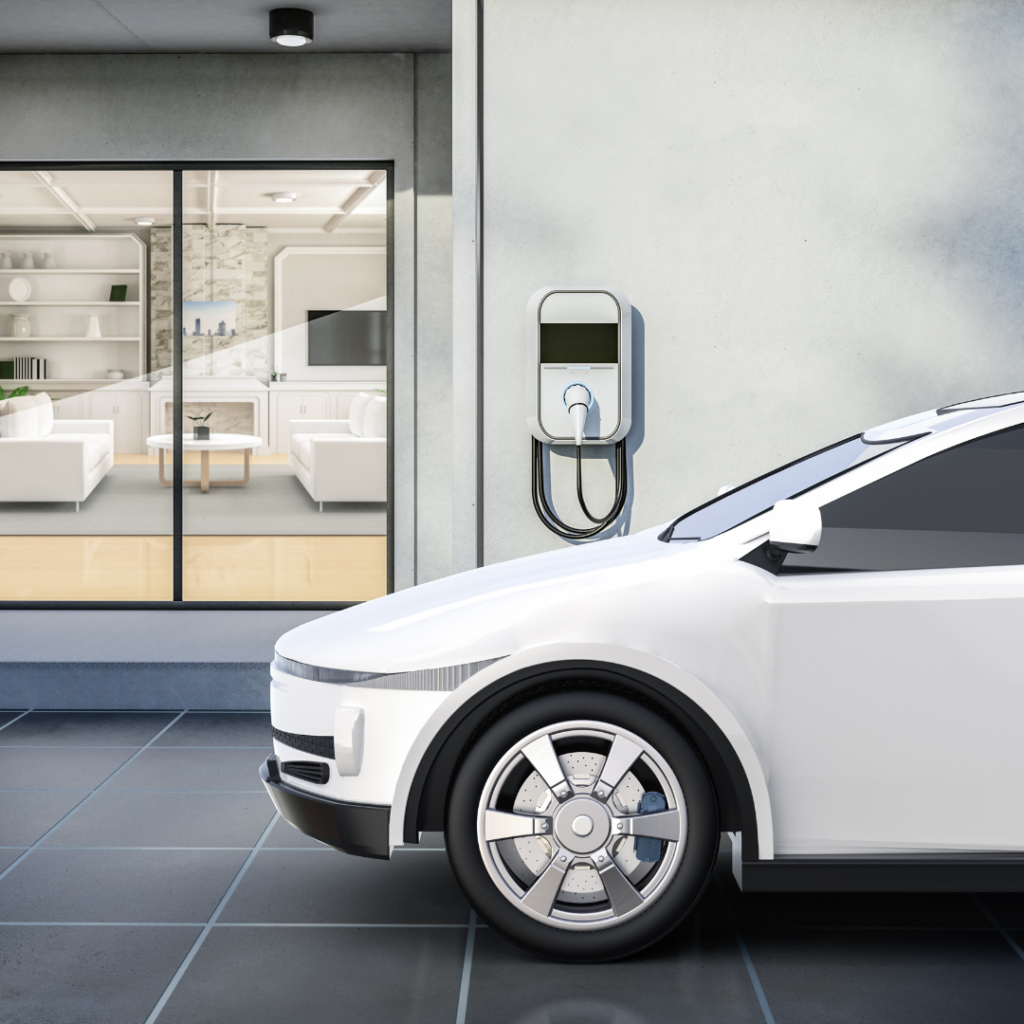 An electric vehicle charging at a home charging station with a glimpse of the modern kitchen interior in the auto draft background.