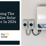 A white solar inverter mounted on a wall, flanked by switches on each side. Text reads "Choosing The Right Size Solar Inverter In 2024" with the For Me Solar logo at the bottom left corner. Auto Draft technology ensures optimal performance and reliability for your solar power needs.