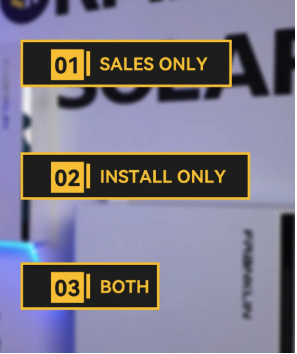 Three labeled options on a blurred background: "01 Sales Only," "02 Install Only," and "03 Both," each in yellow-bordered black boxes.
