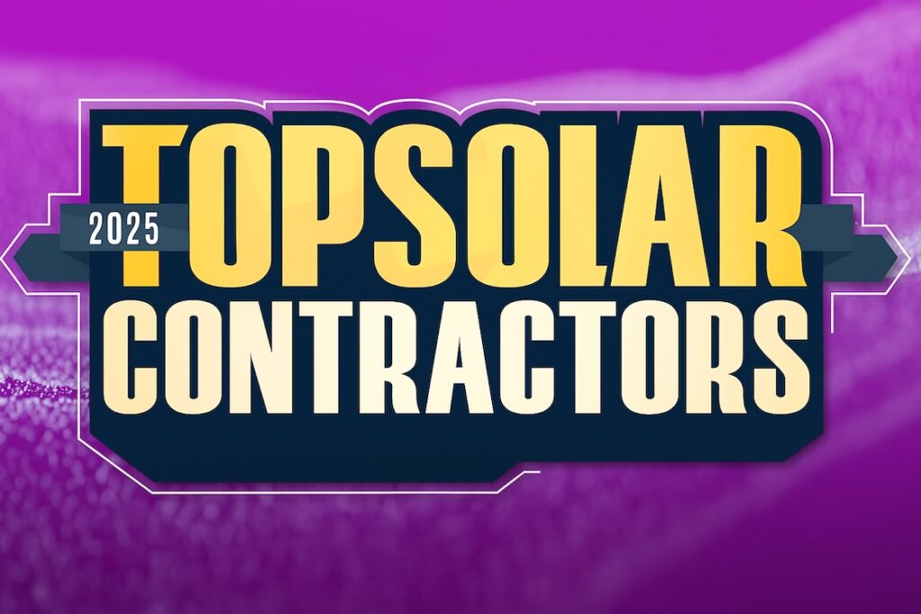 "2025 Top Solar Contractors" in bold yellow and white letters on a dark background, featuring a purple abstract pattern and highlighting Forme Solar as a Top Solar Contractor by Solar Power World.