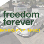 Image showing several Freedom Forever vehicles parked outside, with large text reading "freedom forever BANKRUPTCY IMPACT" and a "CLOSED" sign overlay. The ForMe Solar Electric logo appears at the top left, highlighting Freedom Forever’s situation.