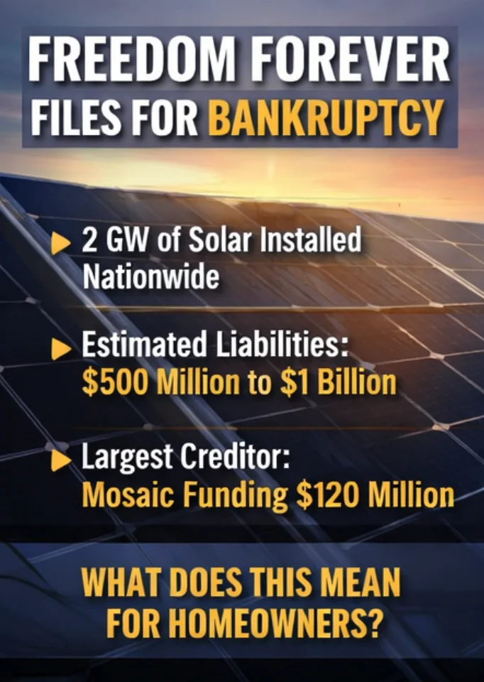Infographic shows Freedom Forever files for bankruptcy, lists 2 GW solar installed, $500M-$1B liabilities, Mosaic Funding as largest creditor, and poses impact question for Freedom Forever homeowners.