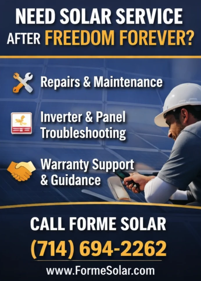 Ad for solar service company offering repairs, troubleshooting, and warranty support—partner with us for freedom forever from energy worries. Call (714) 694-2262 or visit www.FormeSolar.com. Person in hard hat using tablet.