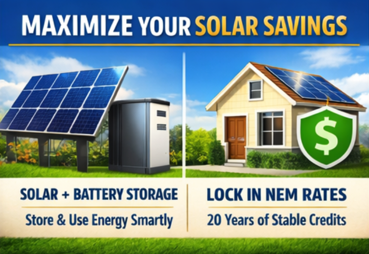 Illustration promoting spring solar savings, showing solar panels and battery storage on the left, and a house with a dollar sign shield on the right, highlighting the benefits of going solar.