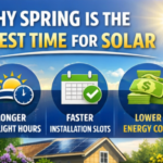 Infographic explaining why spring solar is ideal: longer sunlight hours, faster solar installation slots, and lower energy costs, with related icons and a sun in the background.
