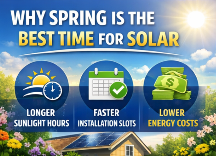 Infographic explaining why spring solar is ideal: longer sunlight hours, faster solar installation slots, and lower energy costs, with related icons and a sun in the background.