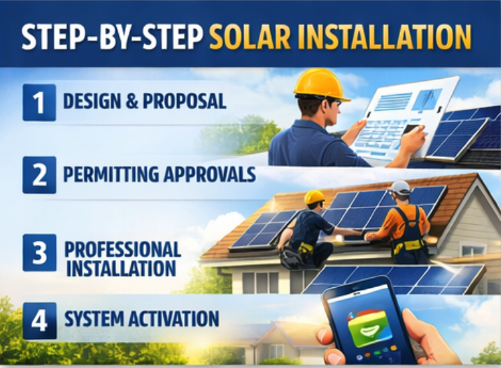 Infographic showing four steps of going solar: design and proposal, permitting approvals, professional installation, and system activation—perfect for homeowners considering solar this spring, with each step illustrated.