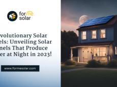 House with solar panels on roof under a night sky with a full moon, beside an advertisement for 