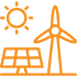 An orange icon with a wind turbine and sun.